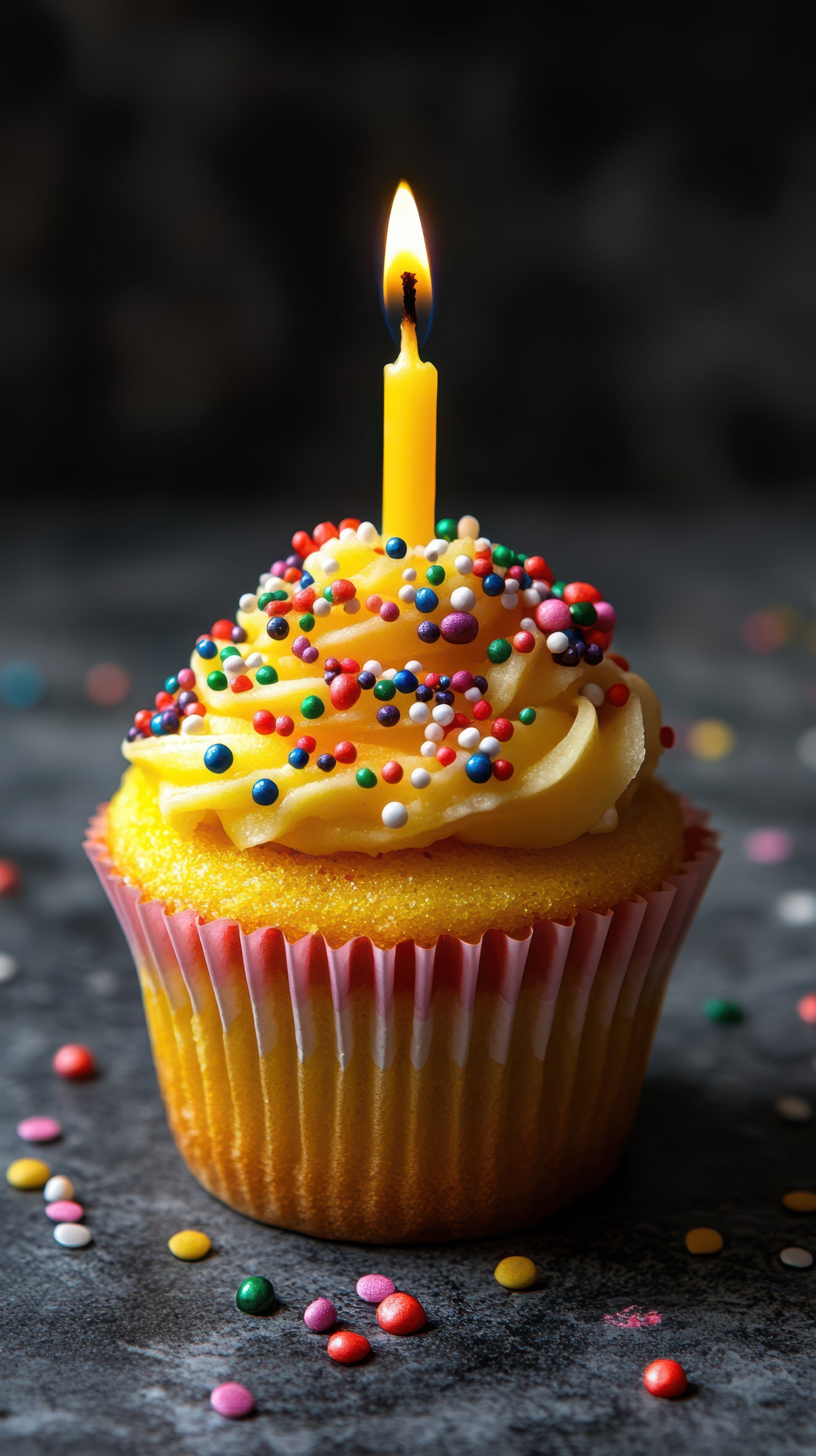 Brightly decorated cupcake with sprinkles and a candle on top against a dark background